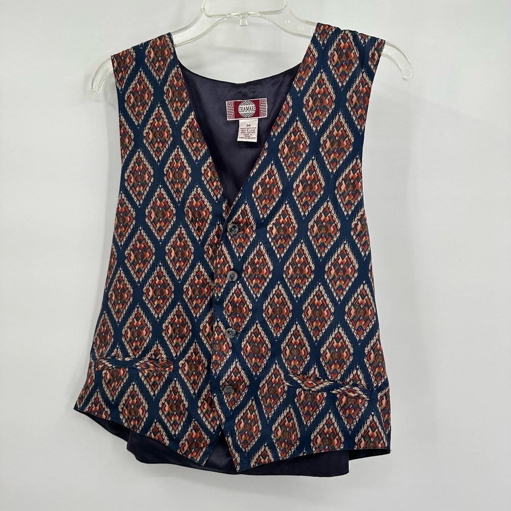 Womens Old Money Silk Vest Size M Boho Chic Southwestern Geometric Vintage